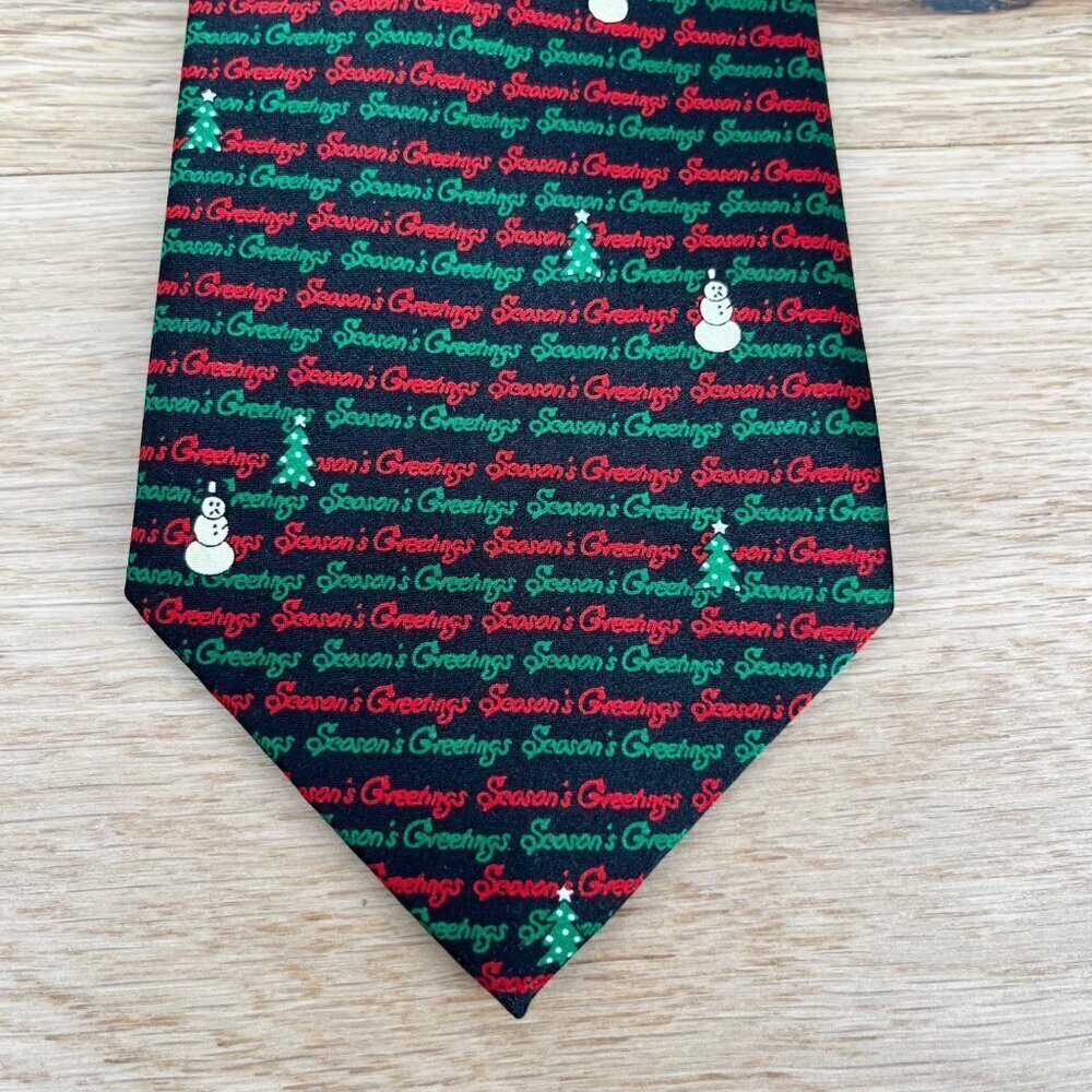 100% Silk Mens Christmas Holiday Tie Seasons Greetings Tree Snowman Black EUC